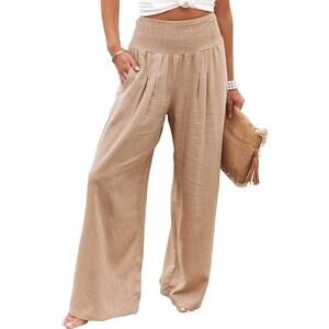 Women's Medium (8-10) Khaki High Waisted Cotton Linen Palazzo Pants Wide Leg NWT